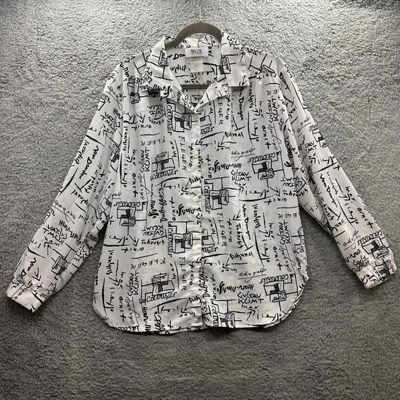 Vintage Maygene Women's Large Blouse Scribbled Note Design Roll Up Cuffs - Picture 1 of 10